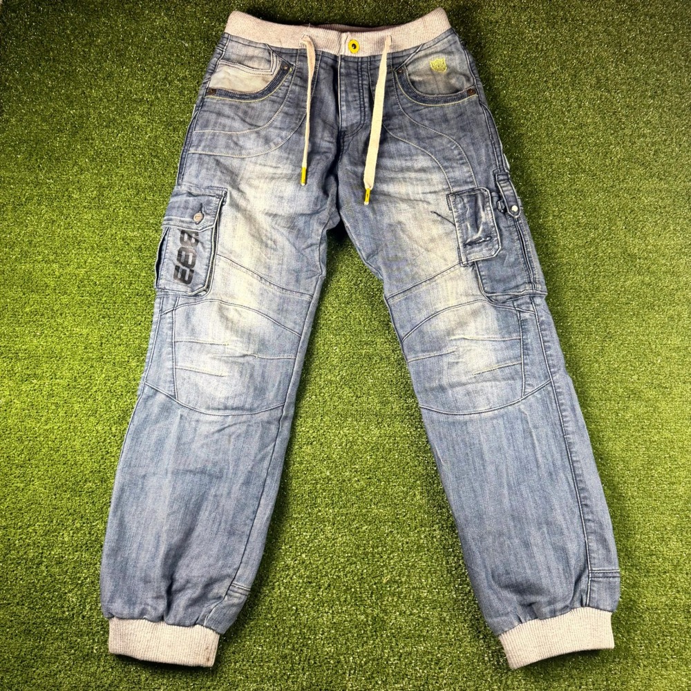 883 Police Mens Blue Faded Cargo Jogger Jeans Size 32 Drawstring Streetwear
